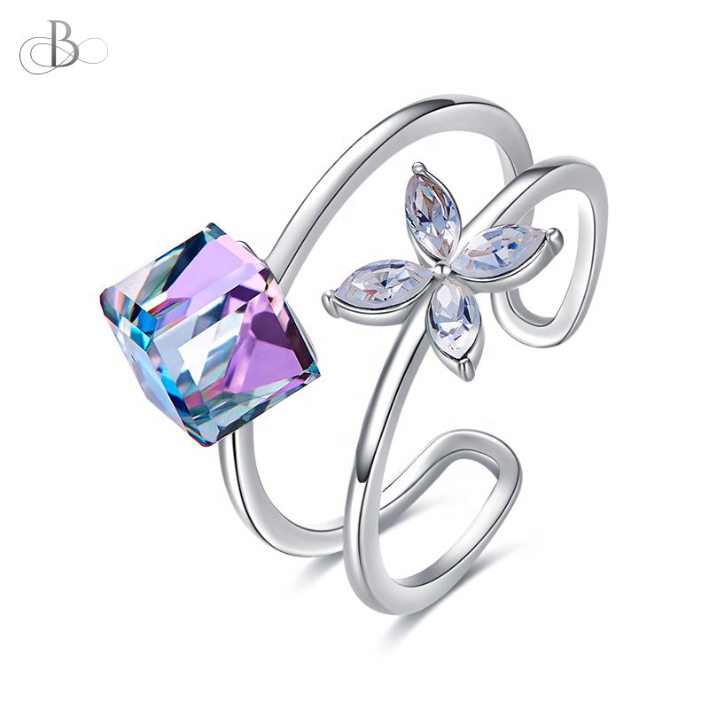 Anillo flor y cubo con cristales Swarovski