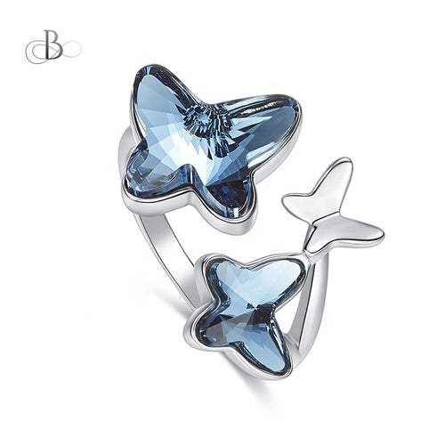 Anillo de plata mariposas color zafiro con cristales Swarovski