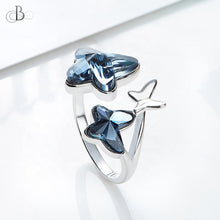 Cargar imagen en el visor de la galería, Anillo de plata mariposas color zafiro con cristales Swarovski