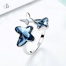 Cargar imagen en el visor de la galería, Anillo de plata mariposas color zafiro con cristales Swarovski