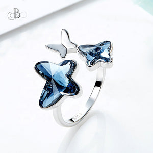 Anillo de plata mariposas color zafiro con cristales Swarovski
