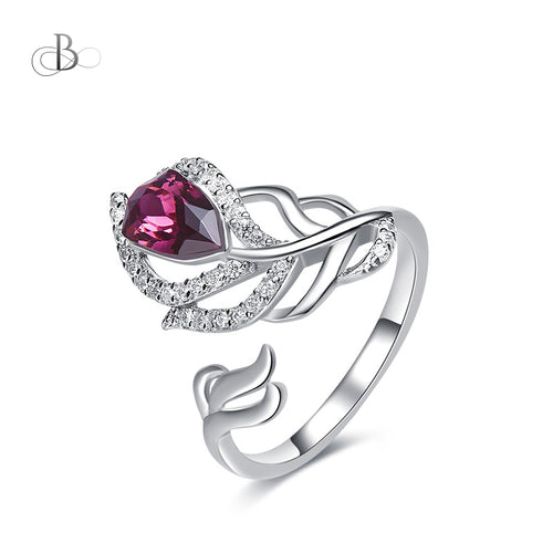 Anillo de plata pluma color amatista con cristales Swarovski