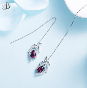 Aretes colgantes de plata color amatista de pluma con cristales Swarovski