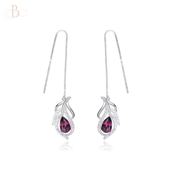 Aretes colgantes de plata color amatista de pluma con cristales Swarovski