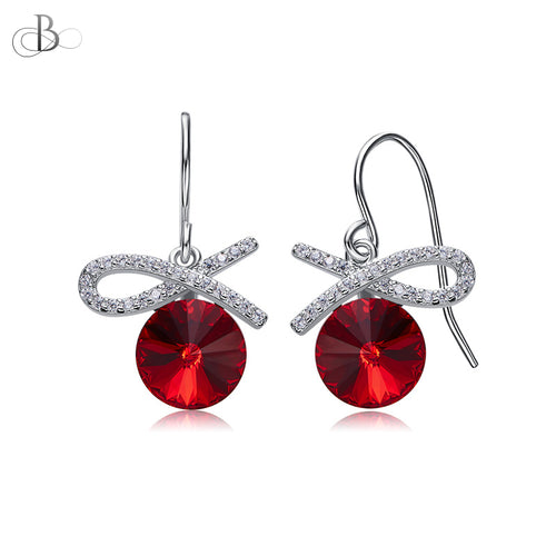 Aretes de plata brillante rojo y lazo con cristales Swarovski