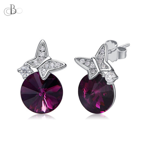 Aretes mariposa y punto de luz de plata color amatista con cristales Swarovski