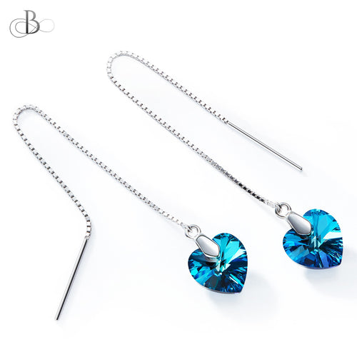 Aretes de plata colgantes corazón con cristales Swarovski color zafiro