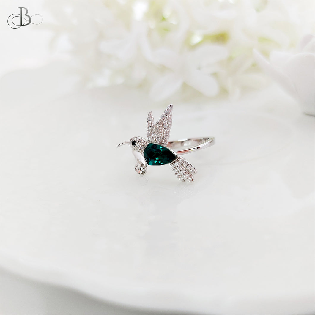 Anillo de plata colibrí brillante con cristales Swarovski